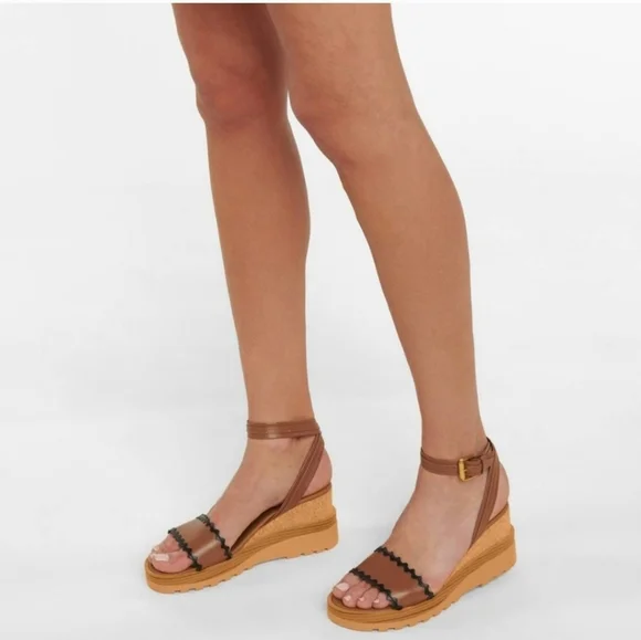 SEE BY CHLOÉ "Robin" Wedge Platform w/Ankle Strap - Tan/Brown/Black - Size 38/8 - Picture 8 of 12